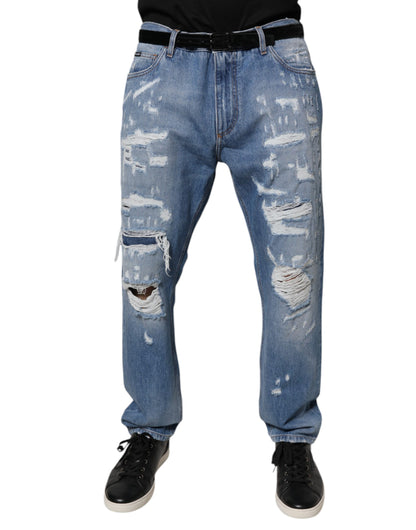 Dolce &amp; Gabbana Blue Tattered Straight Cotton Denim Jeans