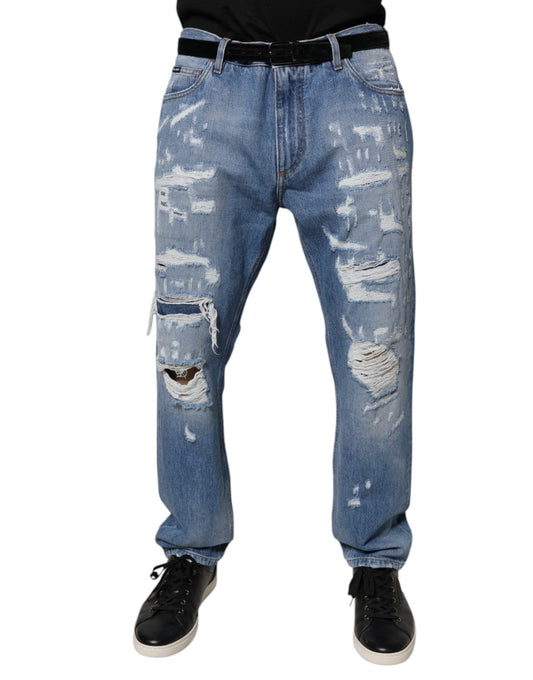 Dolce &amp; Gabbana Blue Tattered Straight Cotton Denim Jeans