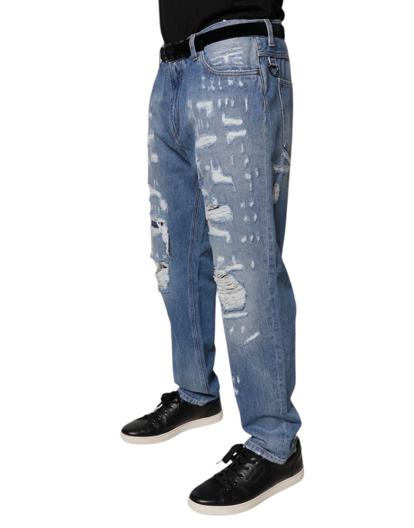 Dolce &amp; Gabbana Blue Tattered Straight Cotton Denim Jeans