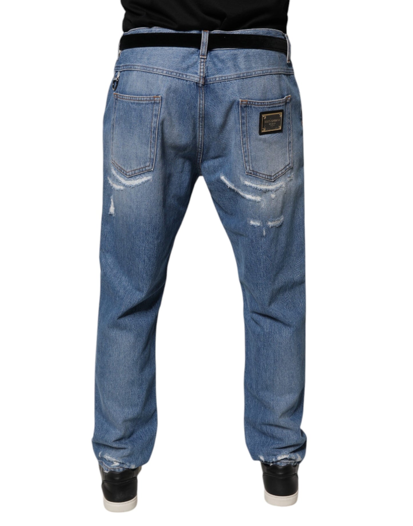 Dolce &amp; Gabbana Blue Tattered Straight Cotton Denim Jeans