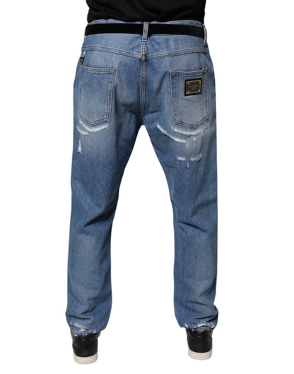 Dolce &amp; Gabbana Blue Tattered Straight Cotton Denim Jeans