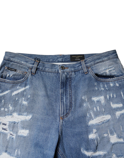 Dolce &amp; Gabbana Blue Tattered Straight Cotton Denim Jeans