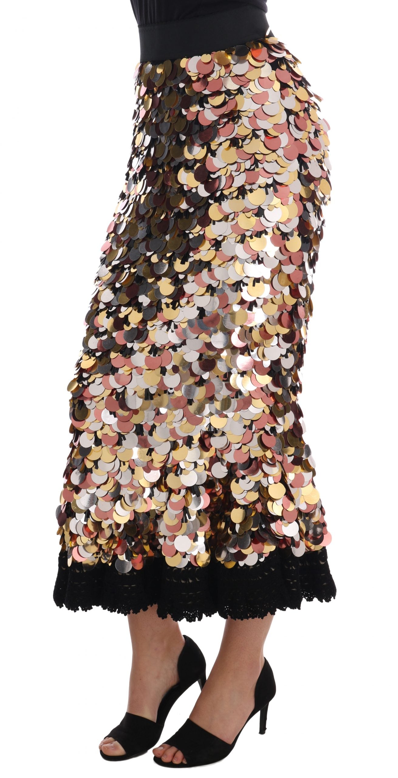 Dolce &amp; Gabbana – Hoch taillierter Rock mit goldenen Pailletten und Schößchen