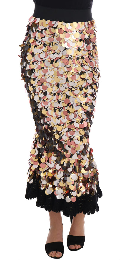 Dolce &amp; Gabbana – Hoch taillierter Rock mit goldenen Pailletten und Schößchen