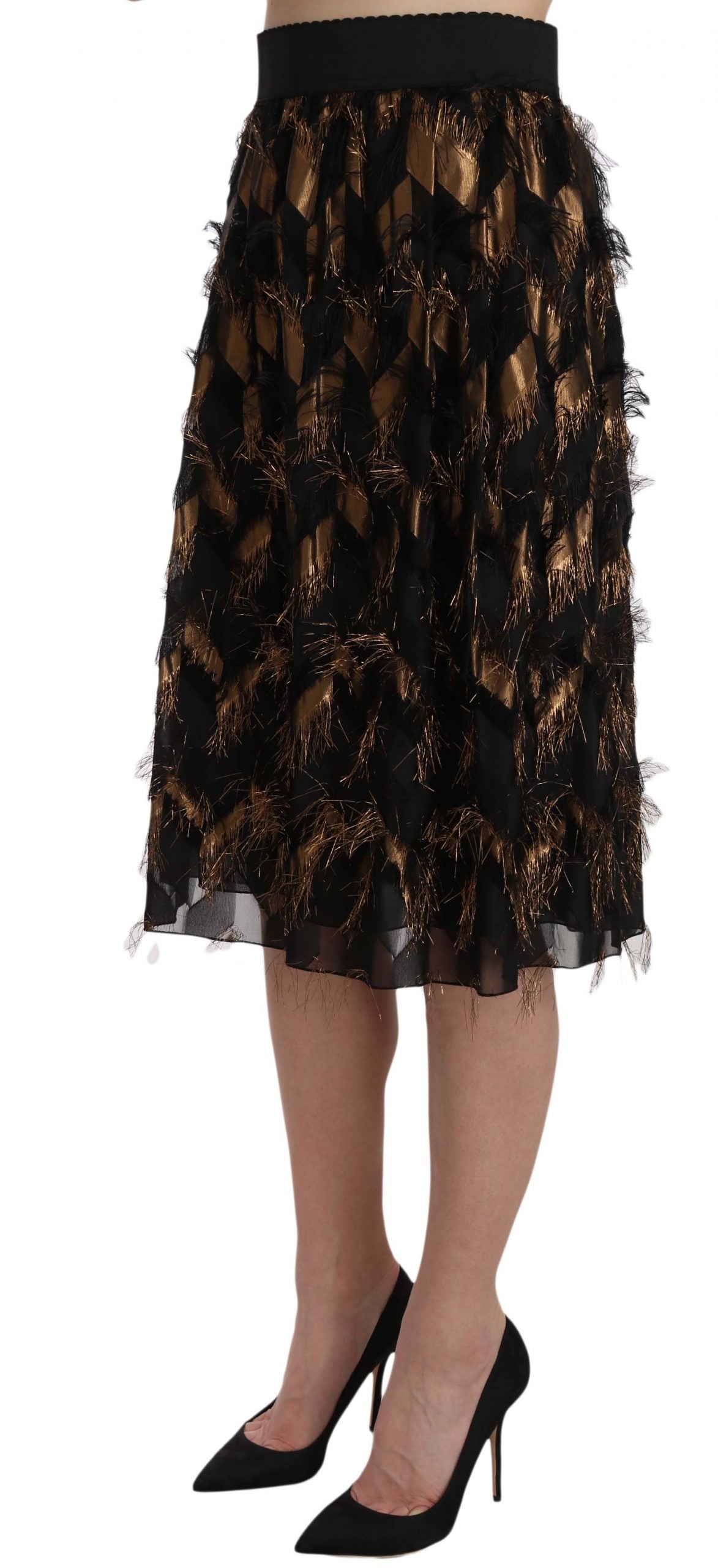 Dolce &amp; Gabbana – Bleistiftrock in A-Linie mit Metallic-Fransen in Schwarz und Gold