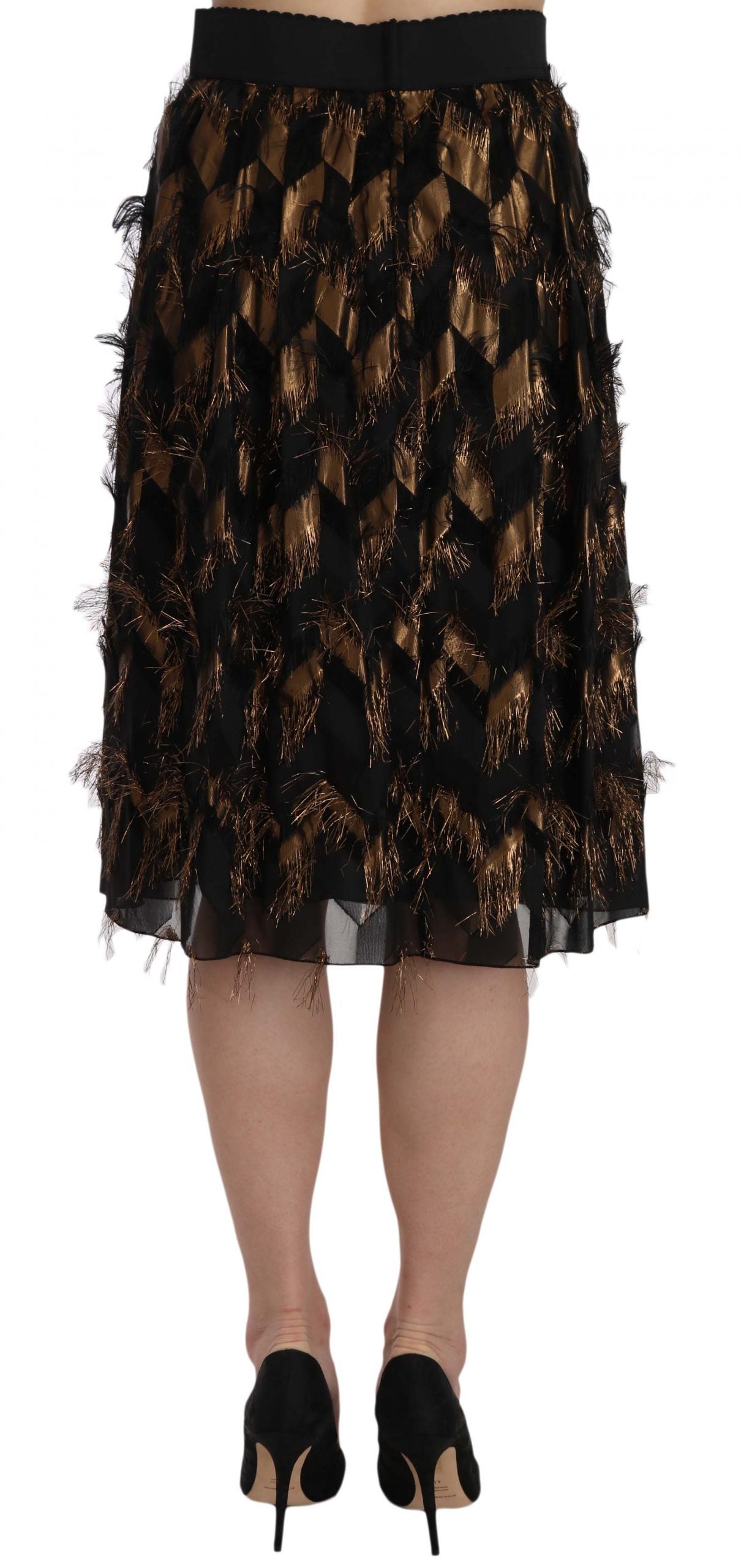 Dolce &amp; Gabbana – Bleistiftrock in A-Linie mit Metallic-Fransen in Schwarz und Gold