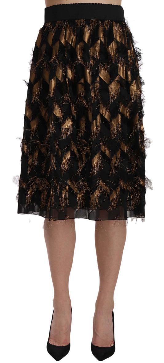 Dolce &amp; Gabbana – Bleistiftrock in A-Linie mit Metallic-Fransen in Schwarz und Gold