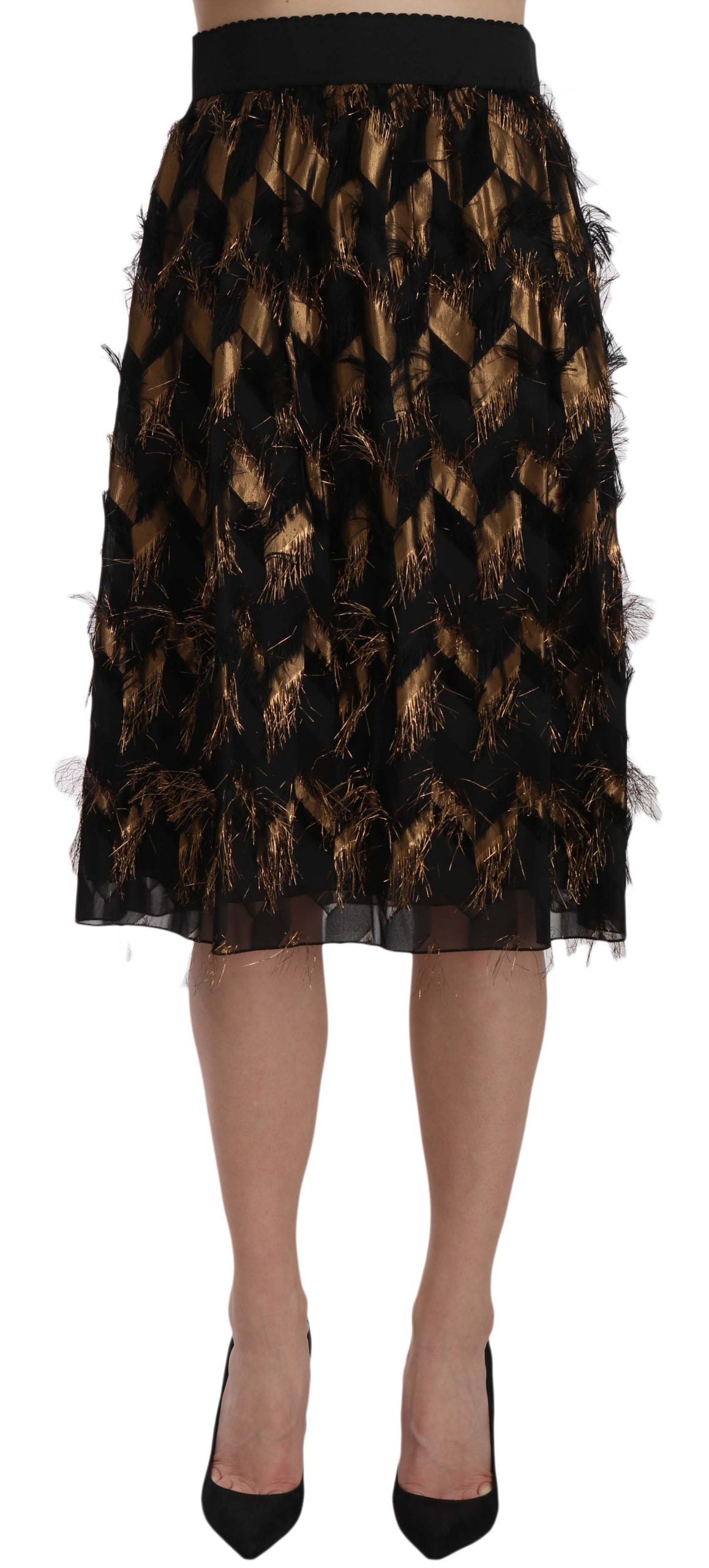 Dolce &amp; Gabbana – Bleistiftrock in A-Linie mit Metallic-Fransen in Schwarz und Gold
