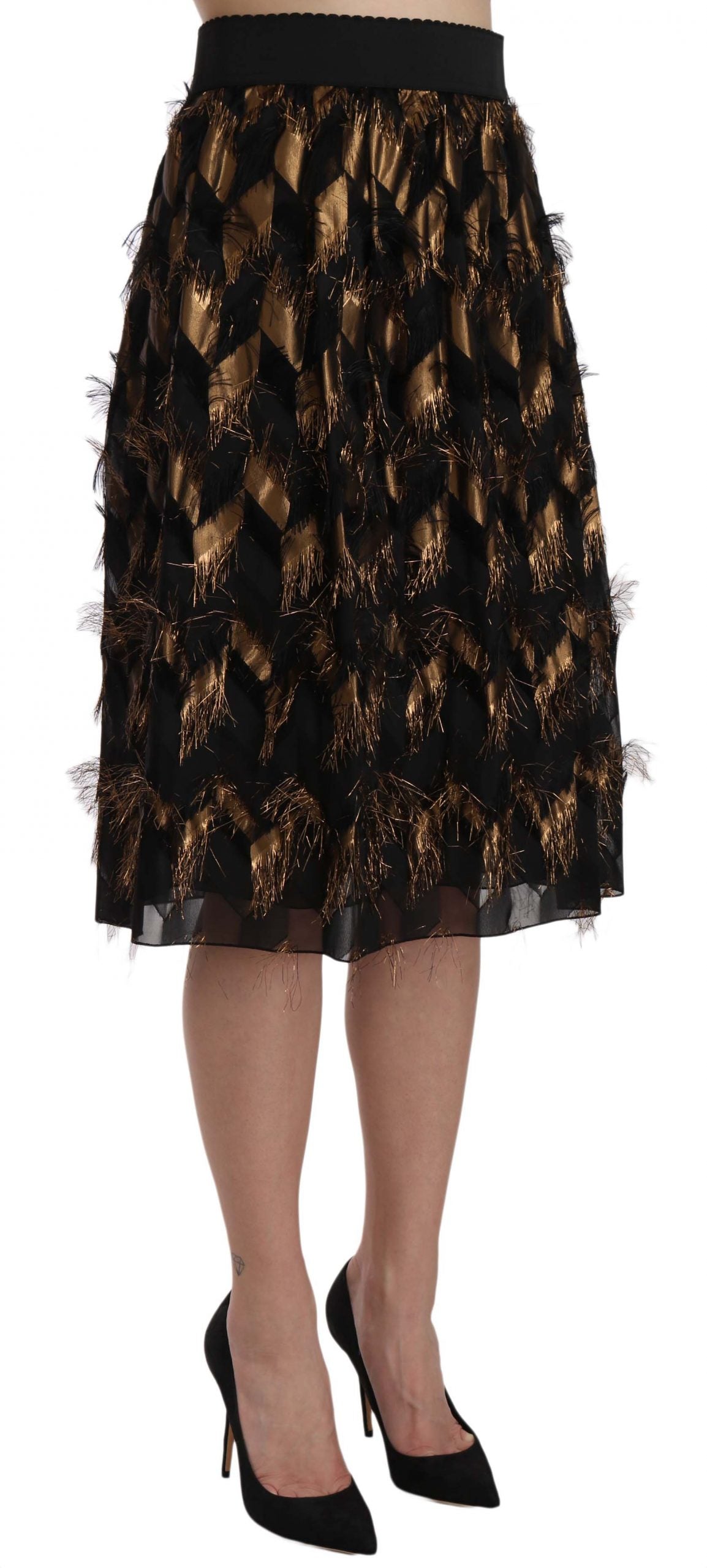 Dolce &amp; Gabbana – Bleistiftrock in A-Linie mit Metallic-Fransen in Schwarz und Gold