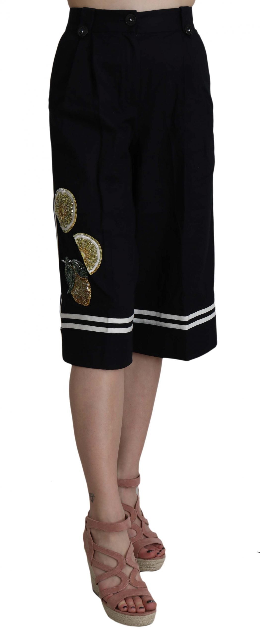 Dolce &amp; Gabbana – Schwarze, verkürzte Hose aus Baumwolle mit Verzierung