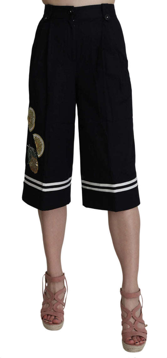 Dolce &amp; Gabbana – Schwarze, verkürzte Hose aus Baumwolle mit Verzierung