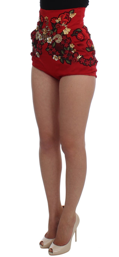 Dolce &amp; Gabbana Rote Seidenshorts mit Kristallrosen 