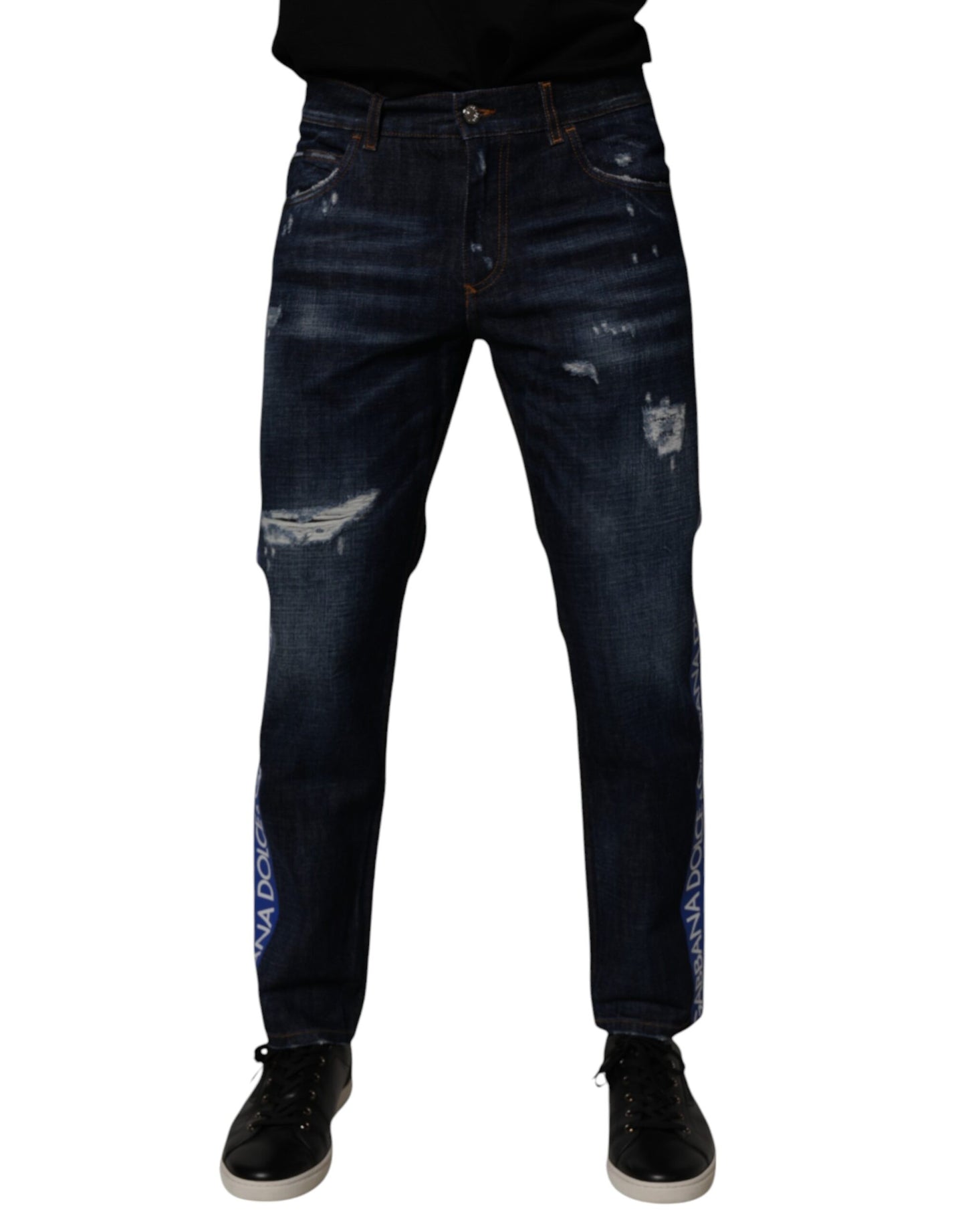 Dolce &amp; Gabbana Dark Blue Cotton Tattered Skinny Denim Jeans