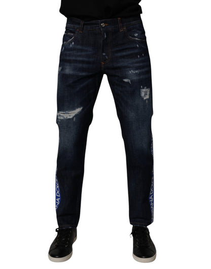 Dolce &amp; Gabbana Dark Blue Cotton Tattered Skinny Denim Jeans