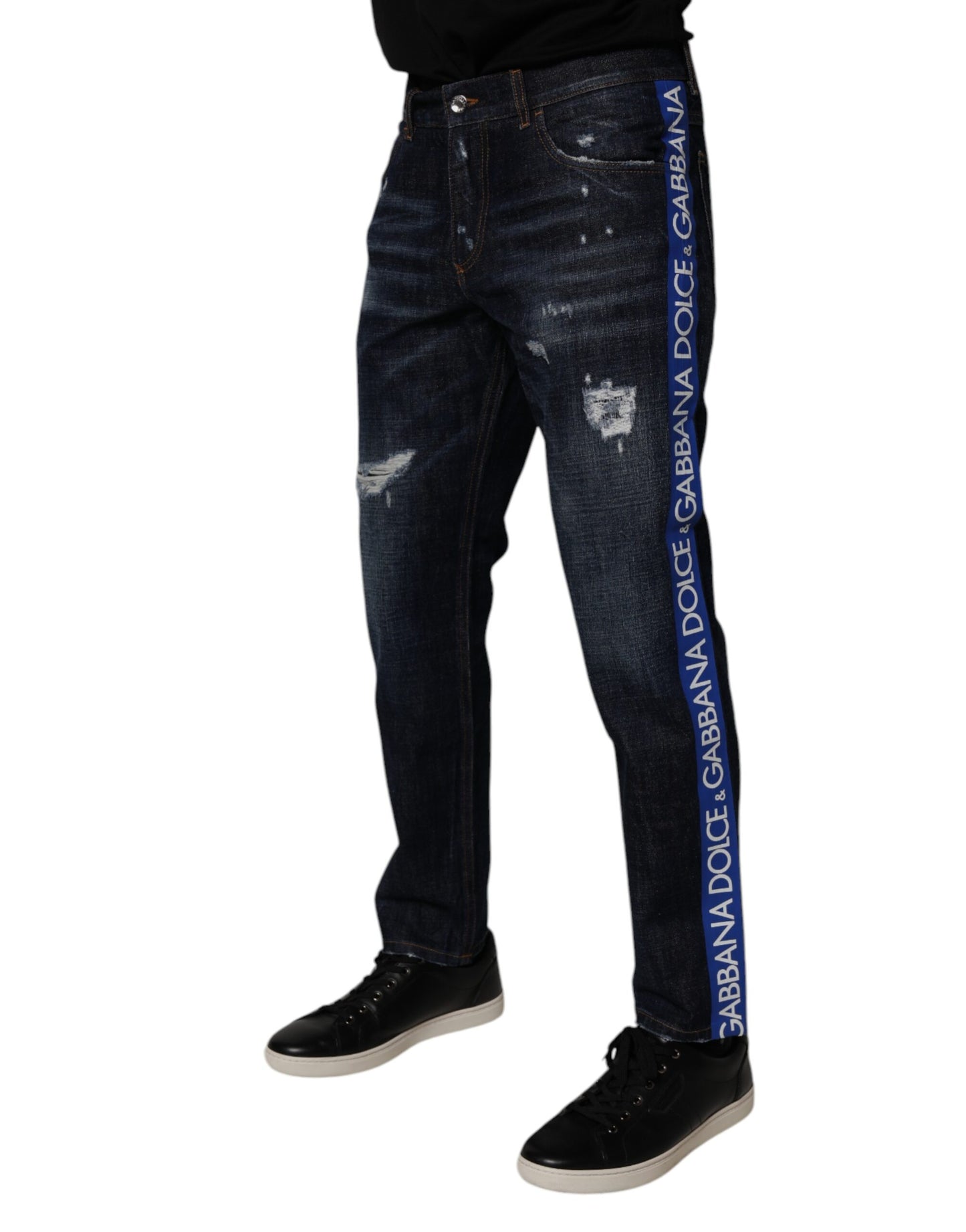 Dolce &amp; Gabbana Dark Blue Cotton Tattered Skinny Denim Jeans