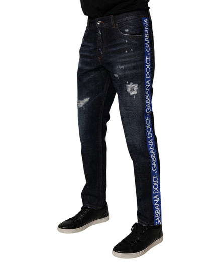 Dolce &amp; Gabbana Dark Blue Cotton Tattered Skinny Denim Jeans