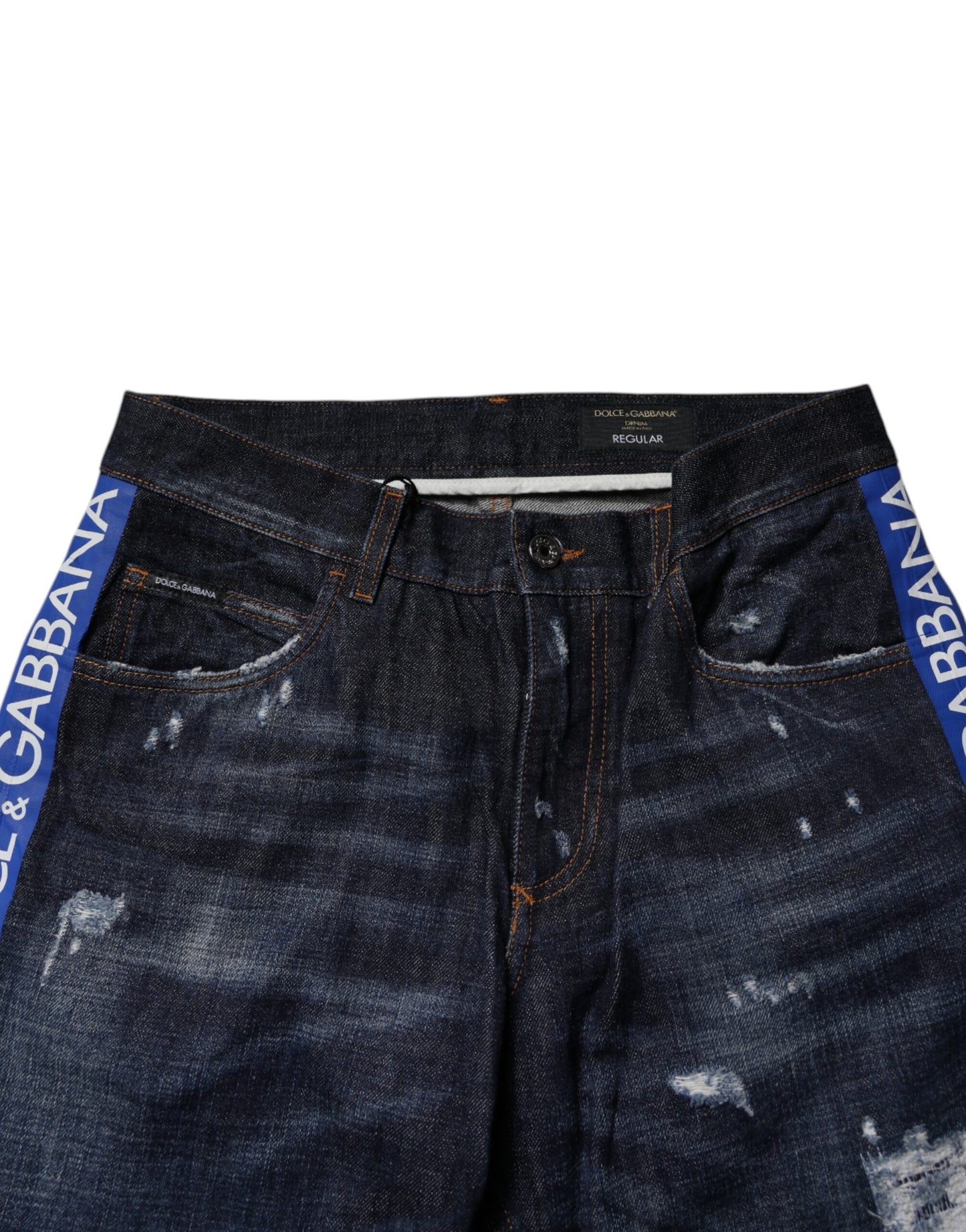 Dolce &amp; Gabbana Dark Blue Cotton Tattered Skinny Denim Jeans