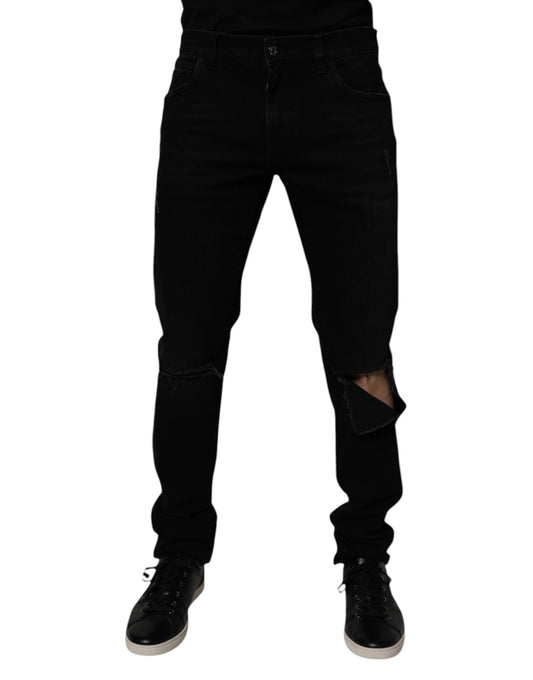 Dolce &amp; Gabbana Black Cotton Tattered Skinny Men Denim Jeans