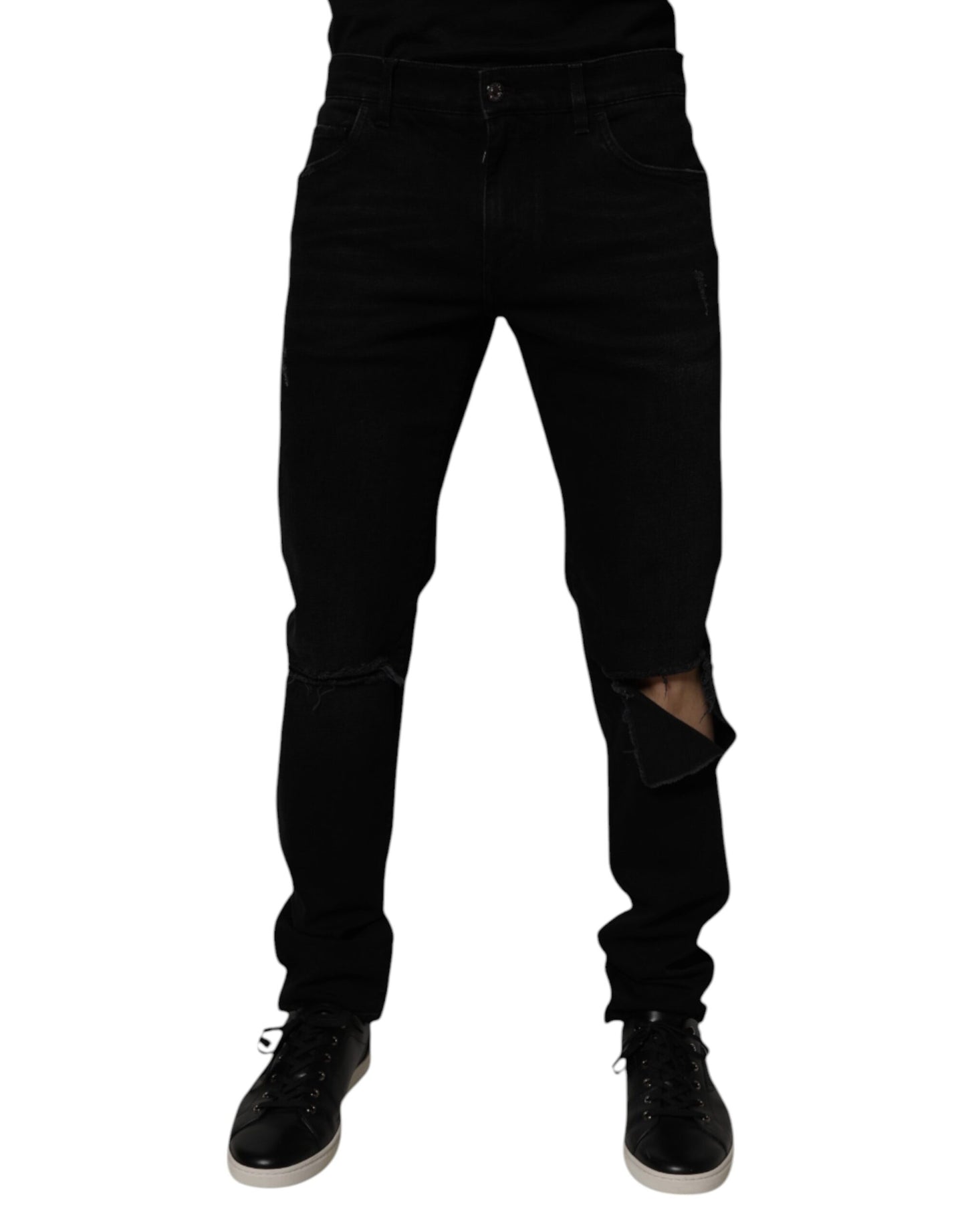 Dolce &amp; Gabbana Black Cotton Tattered Skinny Men Denim Jeans