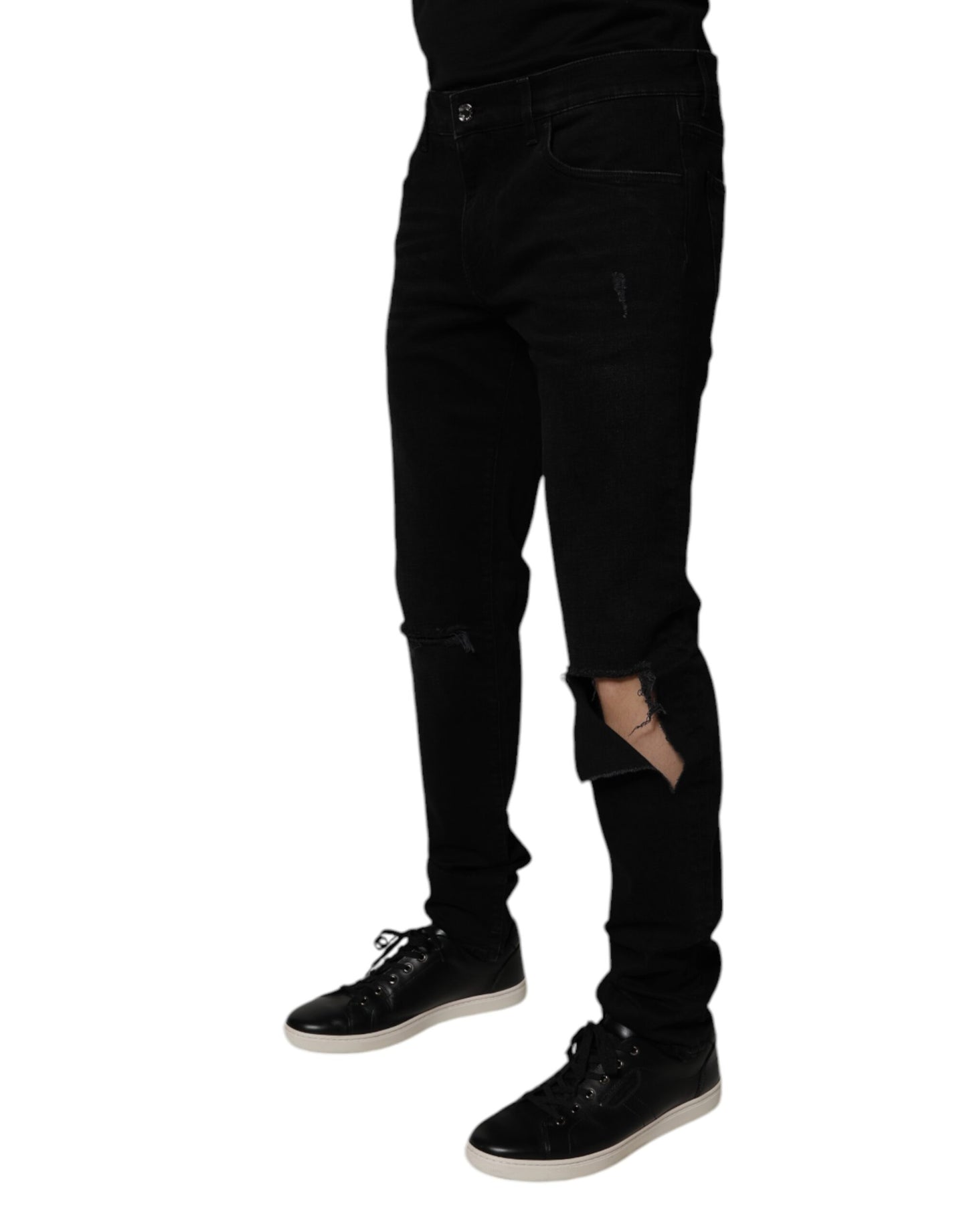 Dolce &amp; Gabbana Black Cotton Tattered Skinny Men Denim Jeans