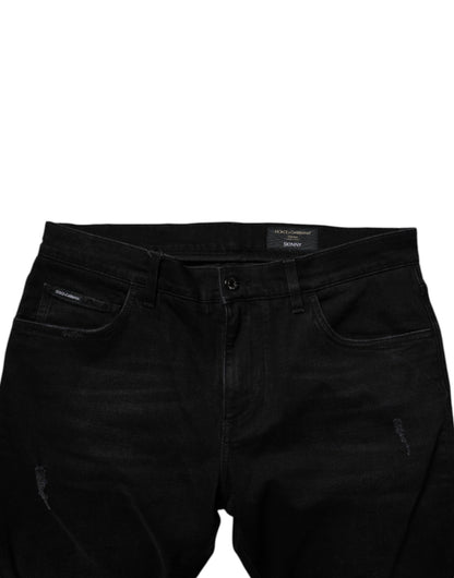 Dolce &amp; Gabbana Black Cotton Tattered Skinny Men Denim Jeans