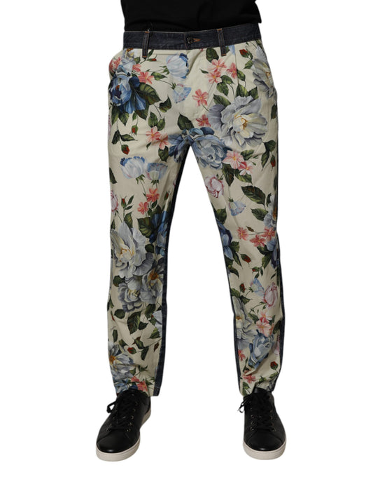 Dolce &amp; Gabbana Beige Blue Floral Cotton Men Denim Jeans