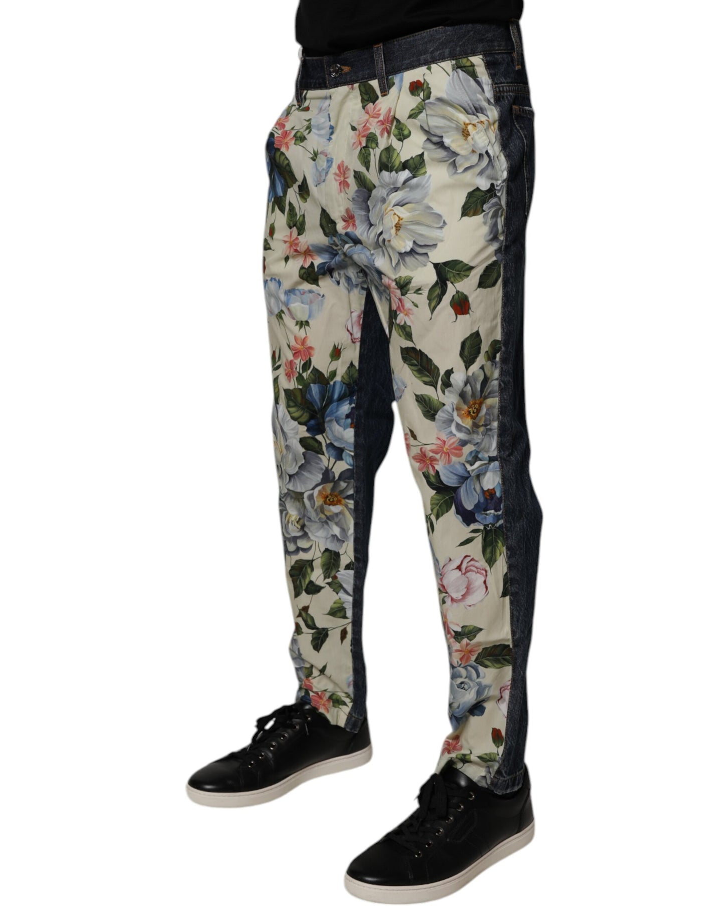 Dolce &amp; Gabbana Beige Blue Floral Cotton Men Denim Jeans