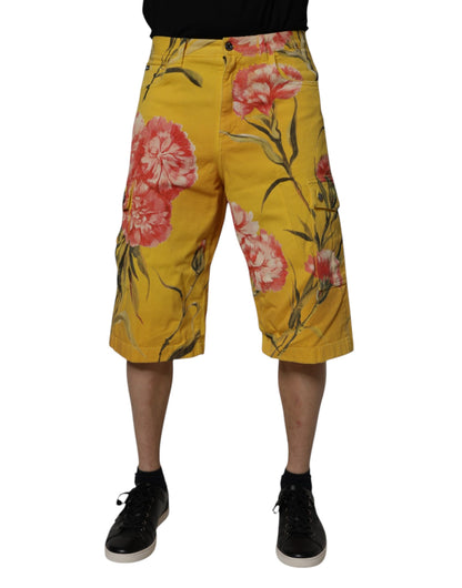 Dolce &amp; Gabbana – Gelbe Cargo-Denim-Bermudashorts für Herren mit Blumenmuster