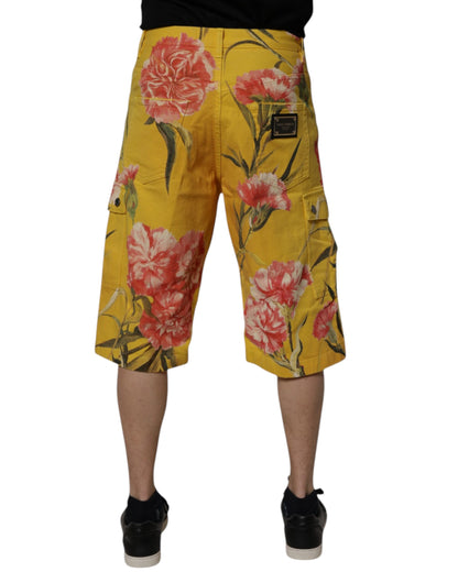 Dolce &amp; Gabbana – Gelbe Cargo-Denim-Bermudashorts für Herren mit Blumenmuster