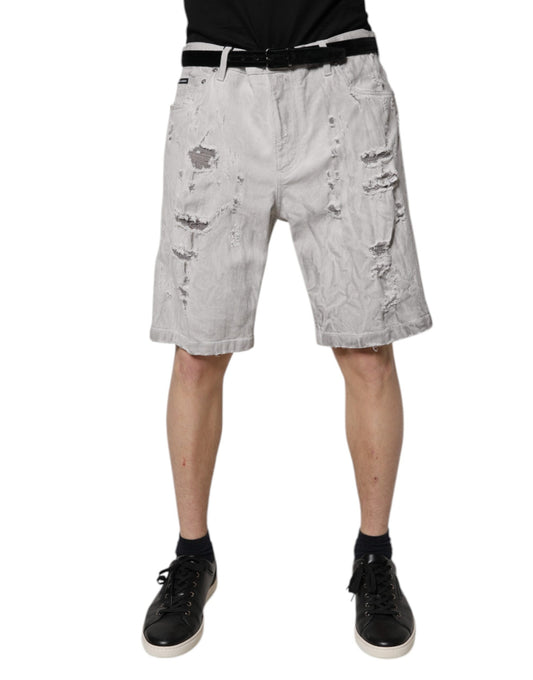 Dolce &amp; Gabbana Hellgraue zerfetzte Herren-Denim-Bermudashorts
