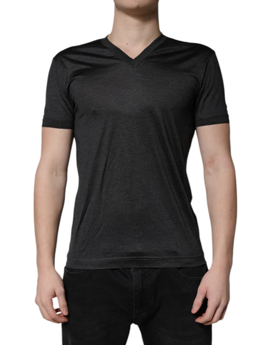 Dolce &amp; Gabbana Dark Gray Silk V-neck Short Sleeves T-shirt