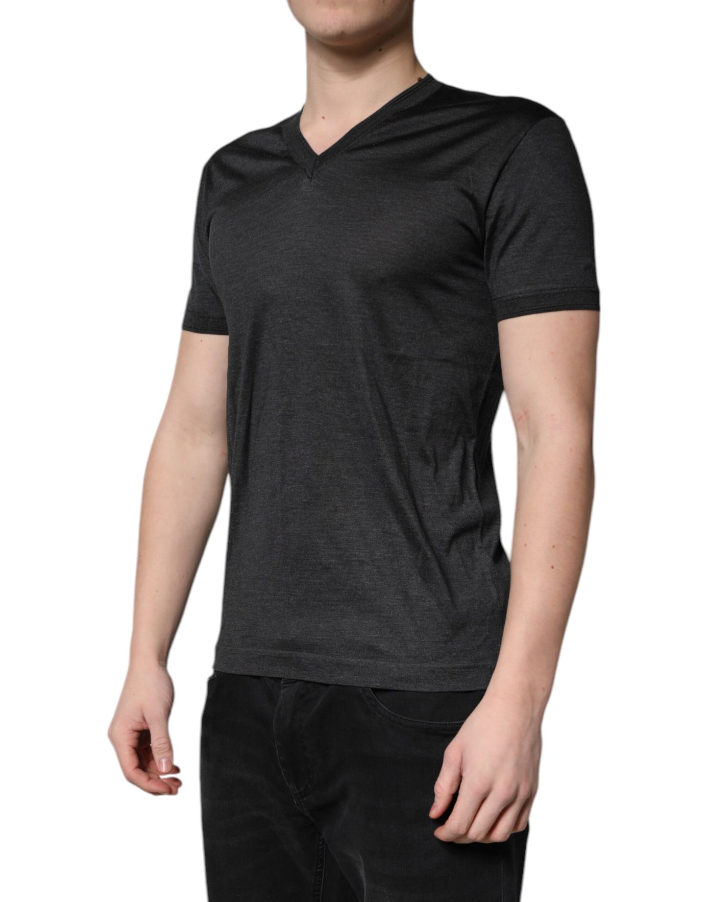 Dolce &amp; Gabbana Dark Gray Silk V-neck Short Sleeves T-shirt