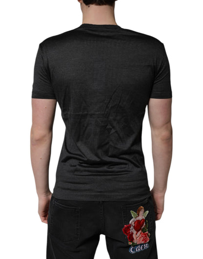 Dolce &amp; Gabbana Dark Gray Silk V-neck Short Sleeves T-shirt