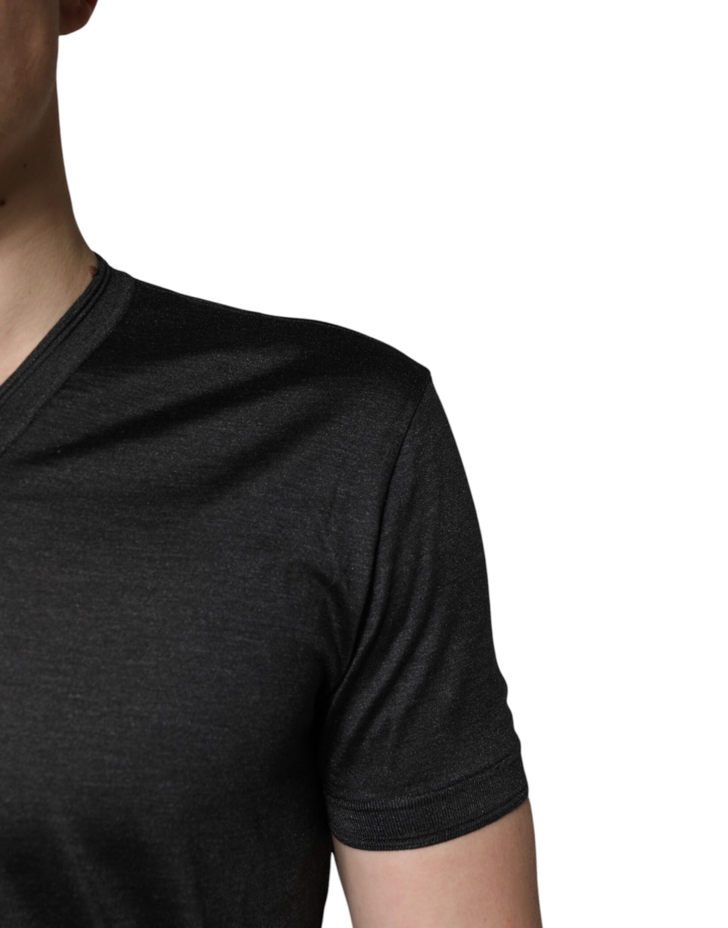 Dolce &amp; Gabbana Dark Gray Silk V-neck Short Sleeves T-shirt