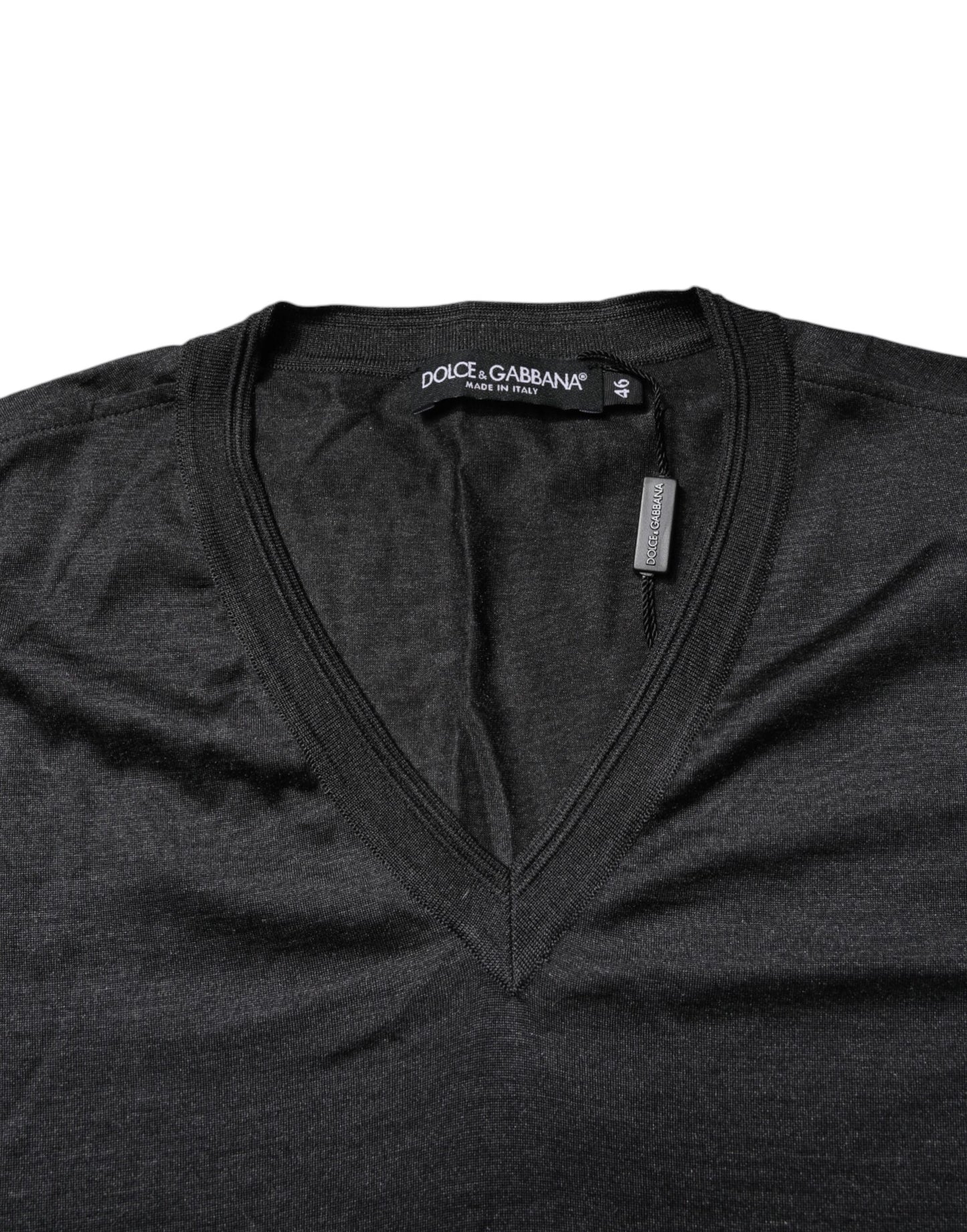 Dolce &amp; Gabbana Dark Gray Silk V-neck Short Sleeves T-shirt