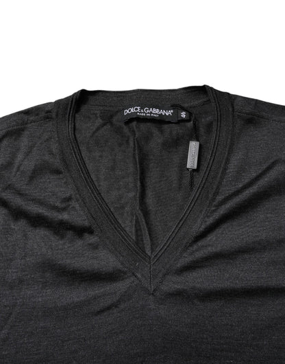 Dolce &amp; Gabbana Dark Gray Silk V-neck Short Sleeves T-shirt