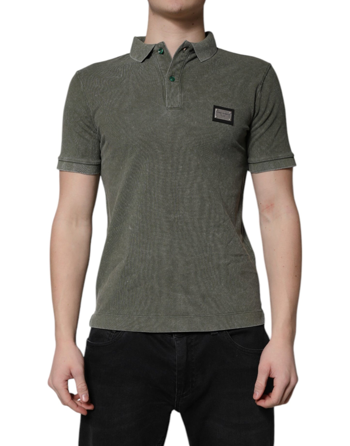Dolce &amp; Gabbana Army Green Logo Plaque Cotton Polo Shirt T-shirt