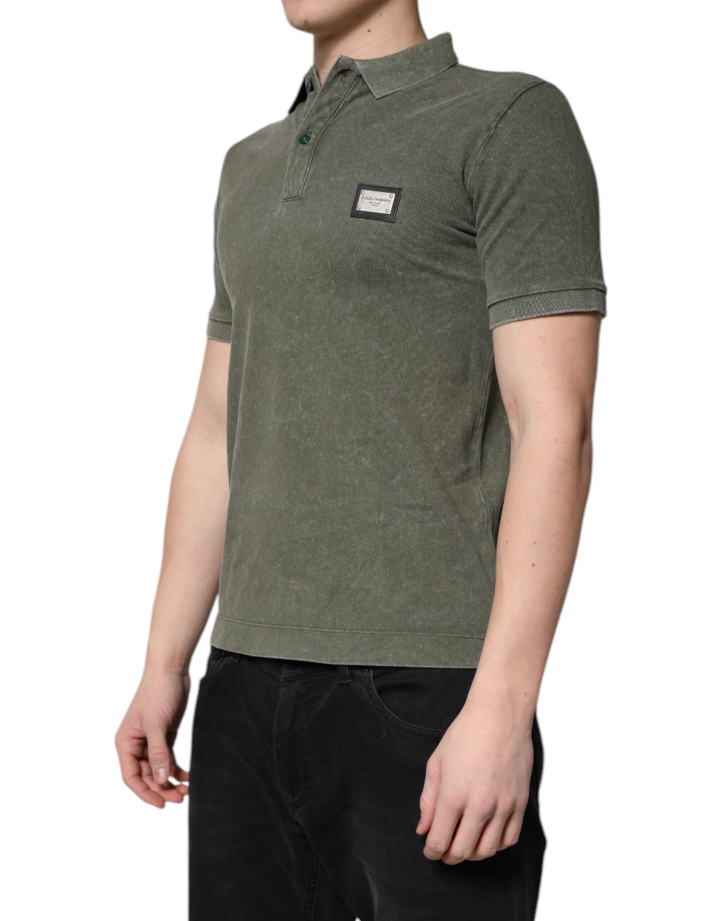 Dolce &amp; Gabbana Army Green Logo Plaque Cotton Polo Shirt T-shirt