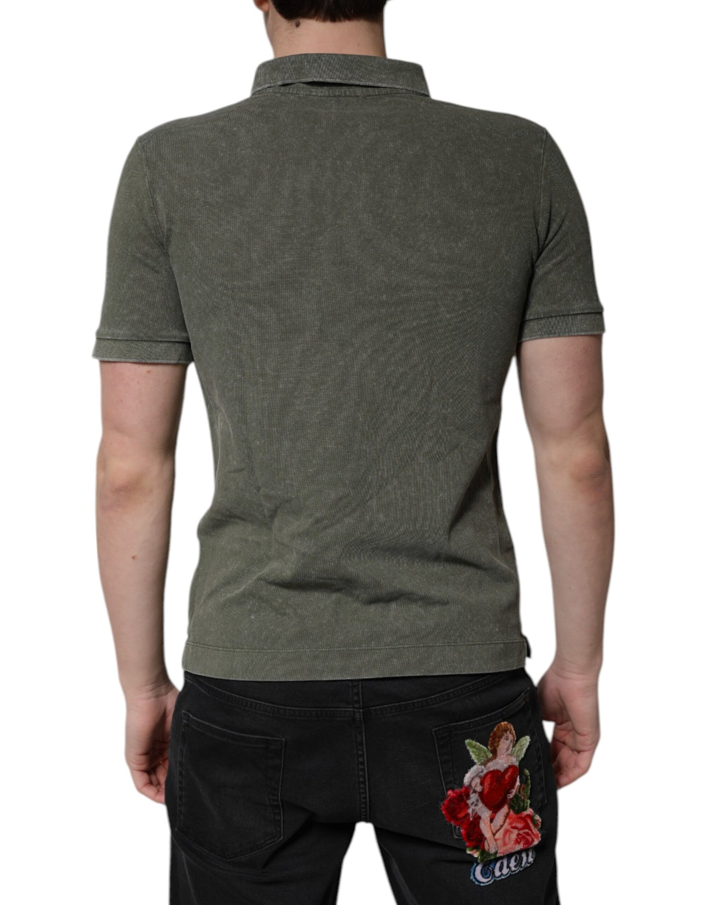 Dolce &amp; Gabbana Army Green Logo Plaque Cotton Polo Shirt T-shirt