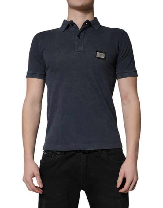 Dolce &amp; Gabbana Dark Blue Logo Plaque Cotton Men Polo Shirt T-shirt