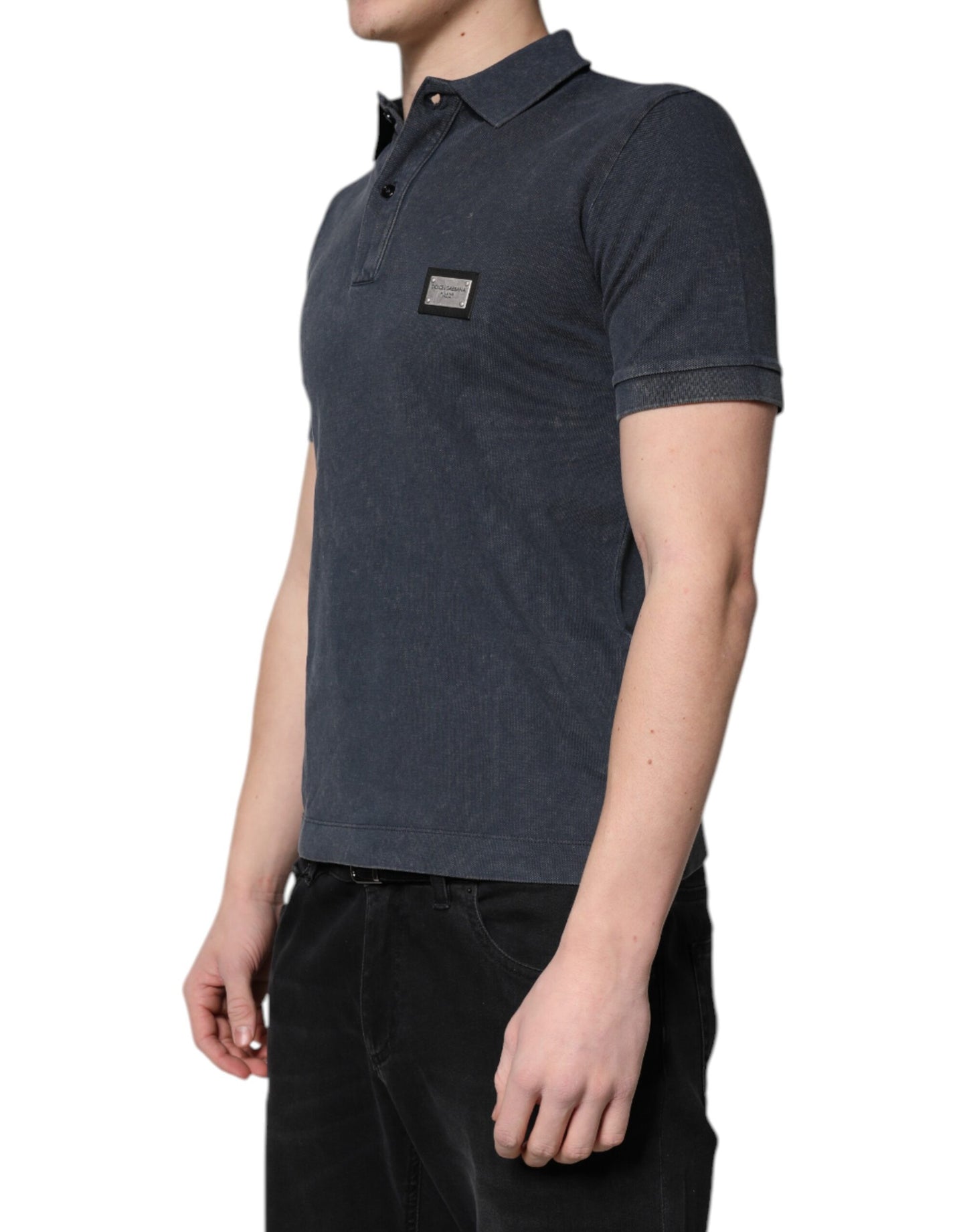Dolce &amp; Gabbana Dark Blue Logo Plaque Cotton Men Polo Shirt T-shirt