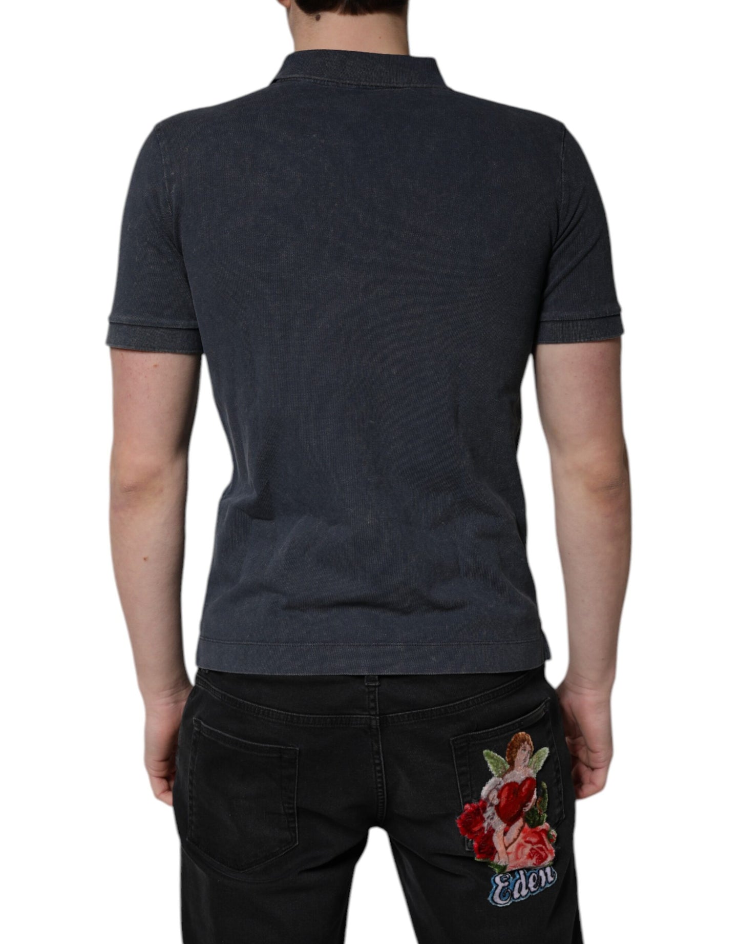 Dolce &amp; Gabbana Dark Blue Logo Plaque Cotton Men Polo Shirt T-shirt