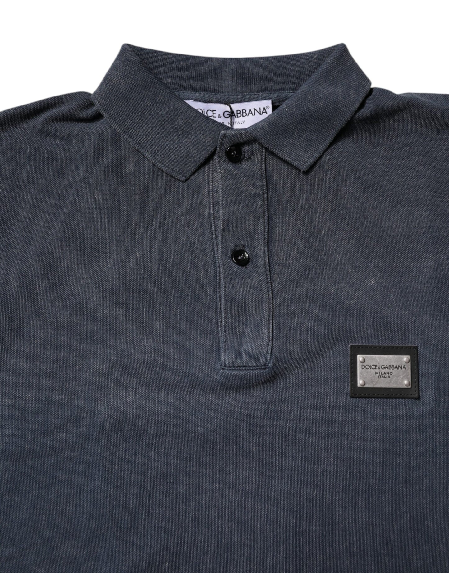 Dolce &amp; Gabbana Dark Blue Logo Plaque Cotton Men Polo Shirt T-shirt