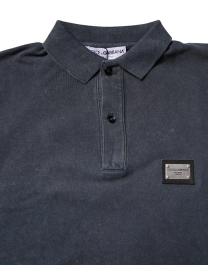 Dolce &amp; Gabbana Dark Blue Logo Plaque Cotton Men Polo Shirt T-shirt
