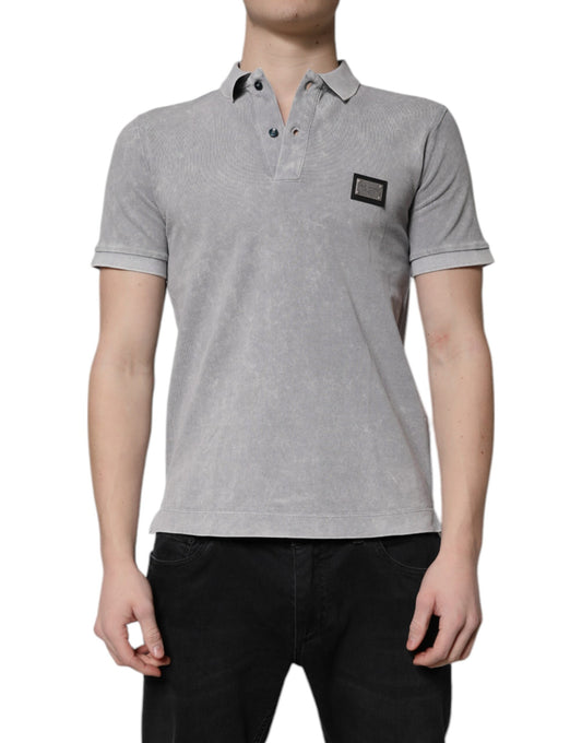 Dolce &amp; Gabbana Gray Logo Plaque Cotton Men Polo Shirt T-shirt