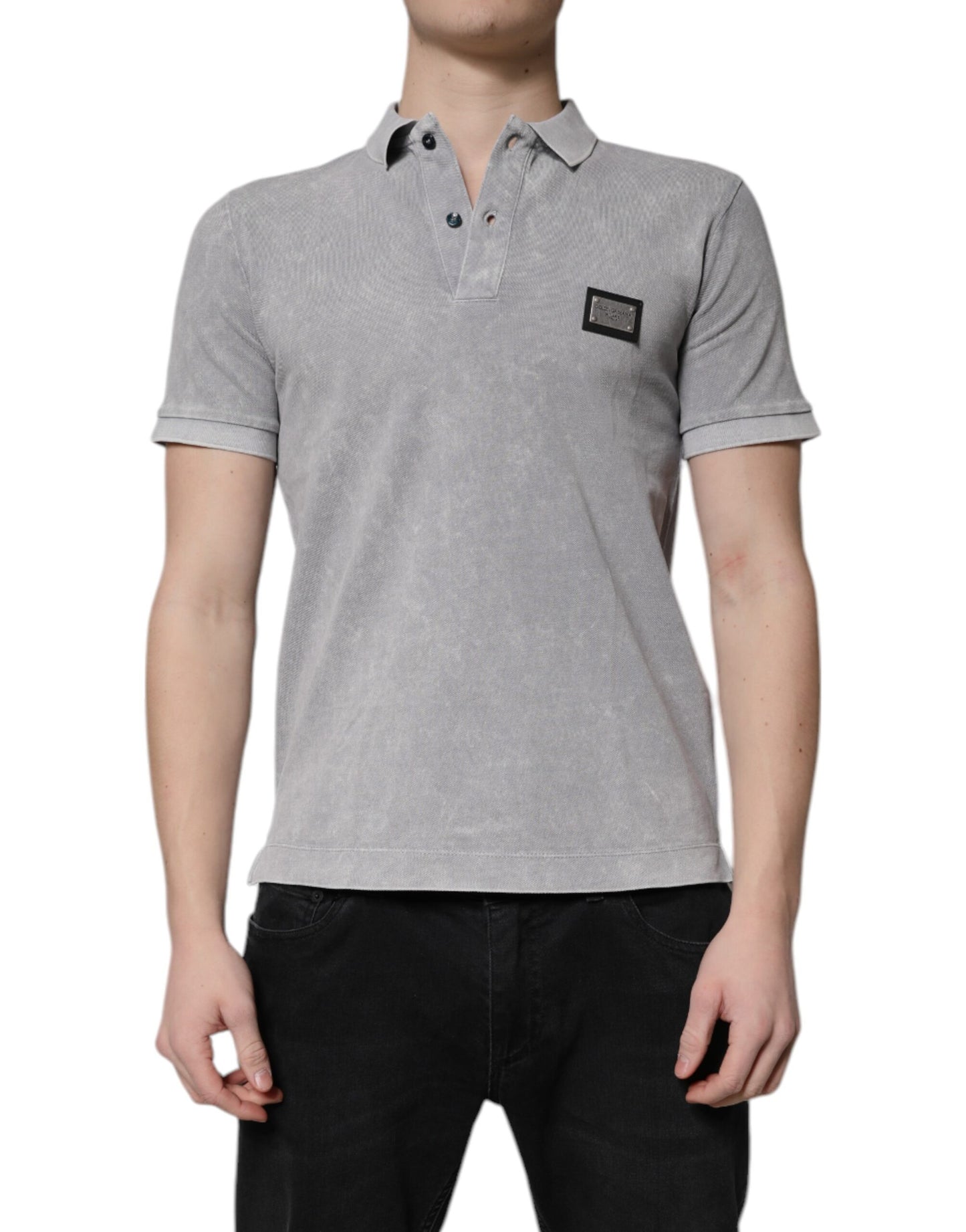Dolce &amp; Gabbana Gray Logo Plaque Cotton Men Polo Shirt T-shirt