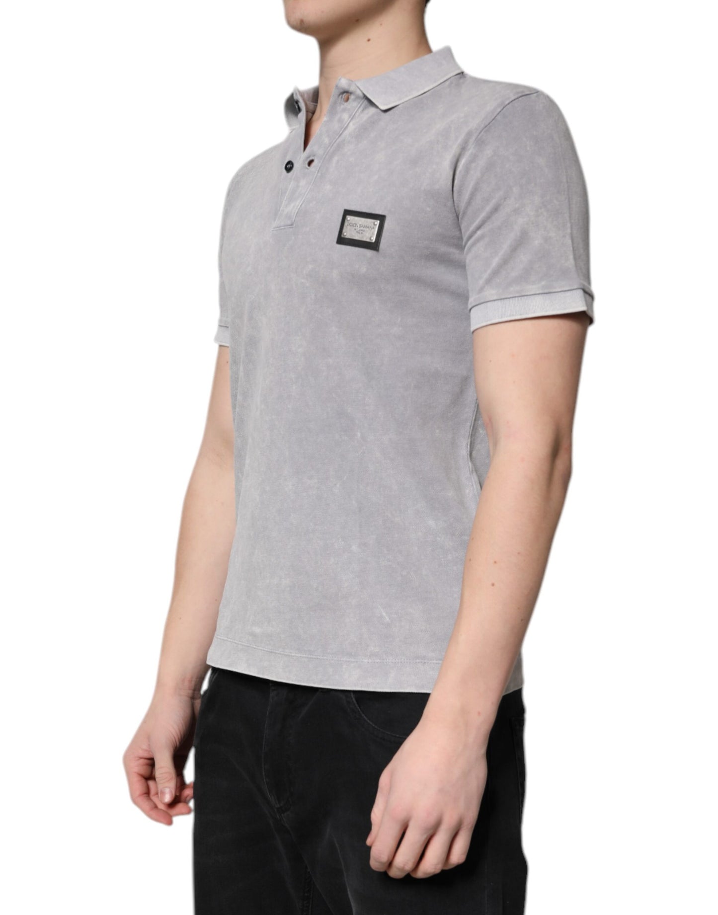 Dolce &amp; Gabbana Gray Logo Plaque Cotton Men Polo Shirt T-shirt
