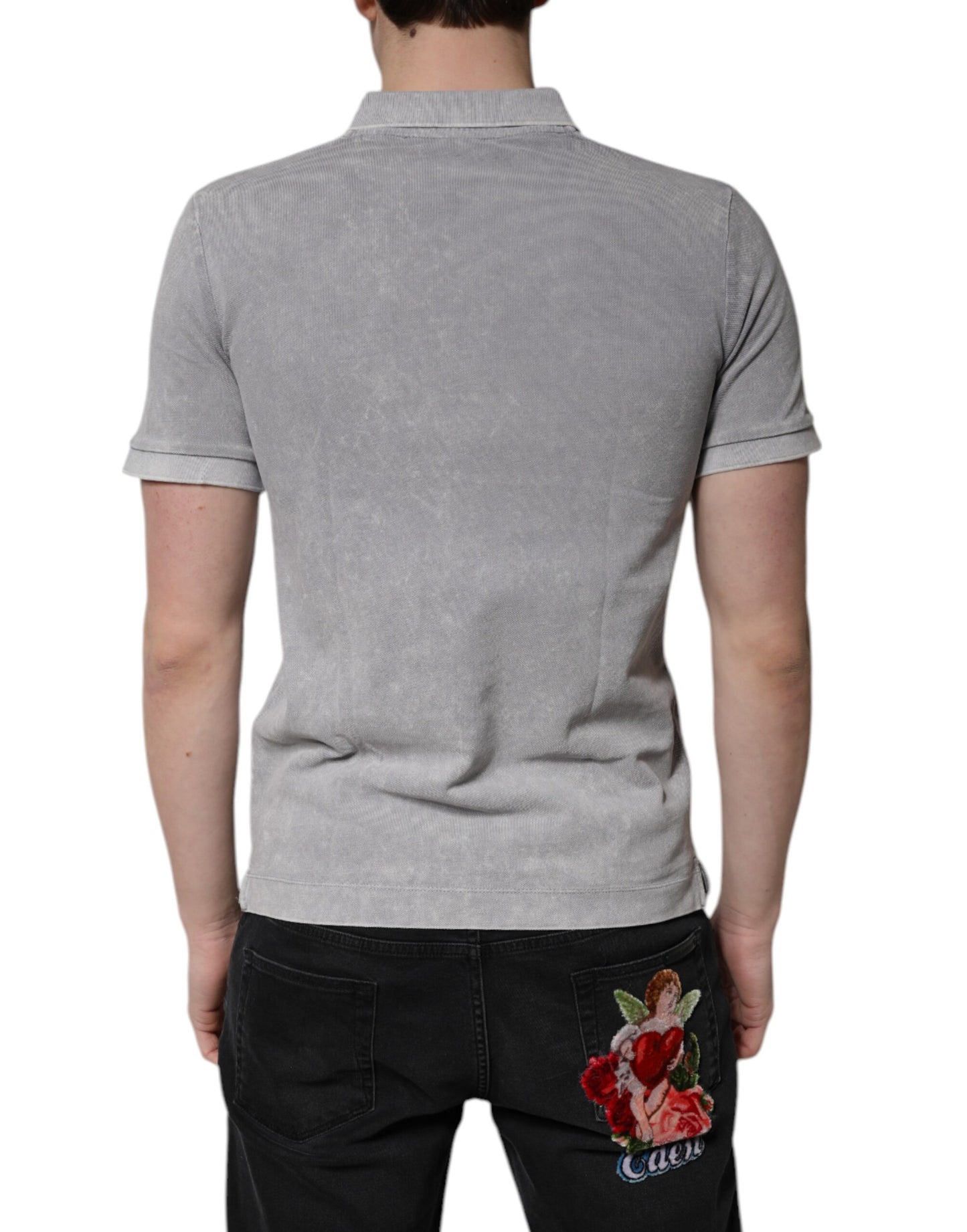 Dolce &amp; Gabbana Gray Logo Plaque Cotton Men Polo Shirt T-shirt