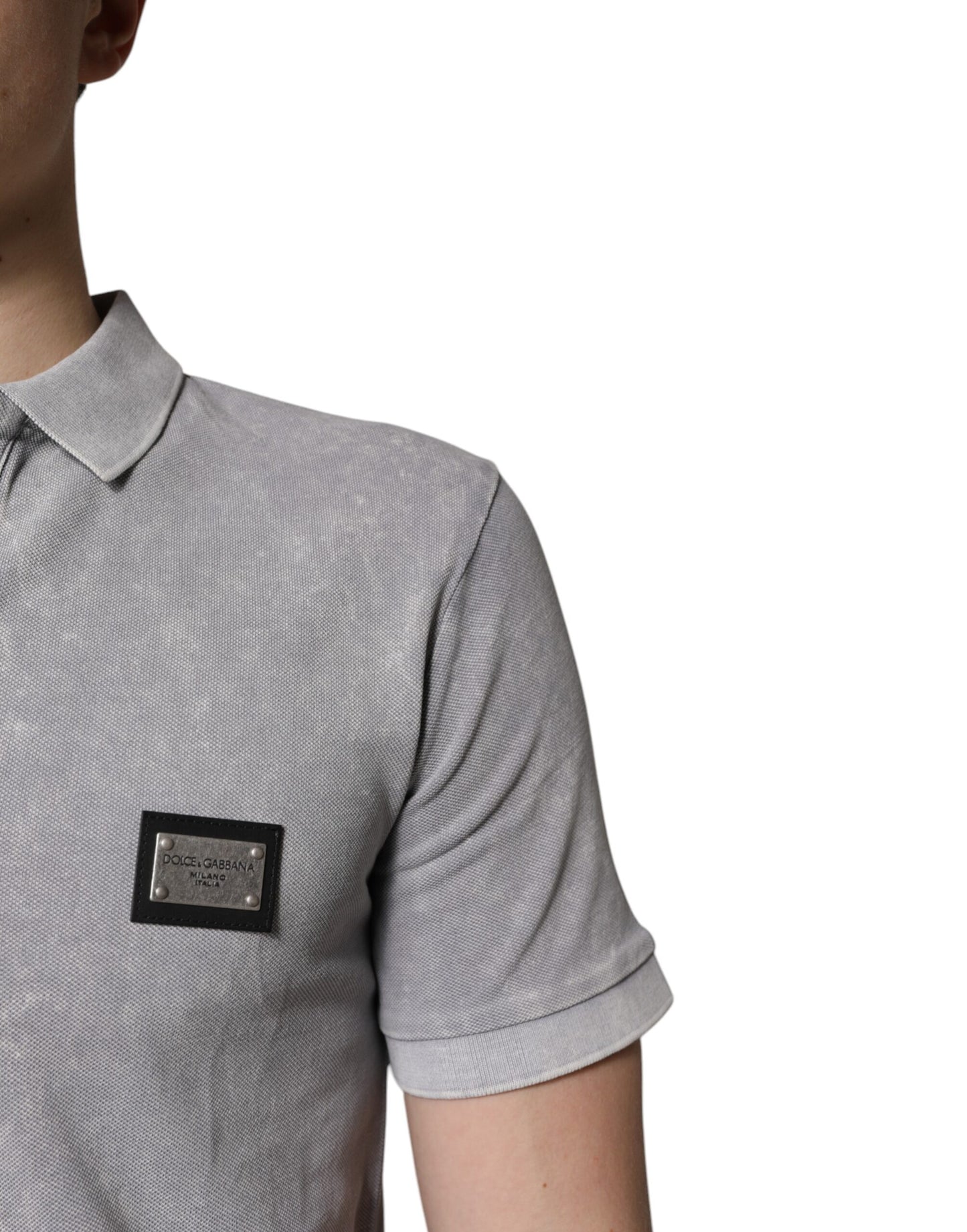 Dolce &amp; Gabbana Gray Logo Plaque Cotton Men Polo Shirt T-shirt