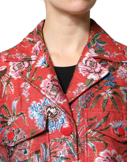 Dolce &amp; Gabbana – Rote Jacquard-Manteljacke mit Knopfleiste und Blumenmuster